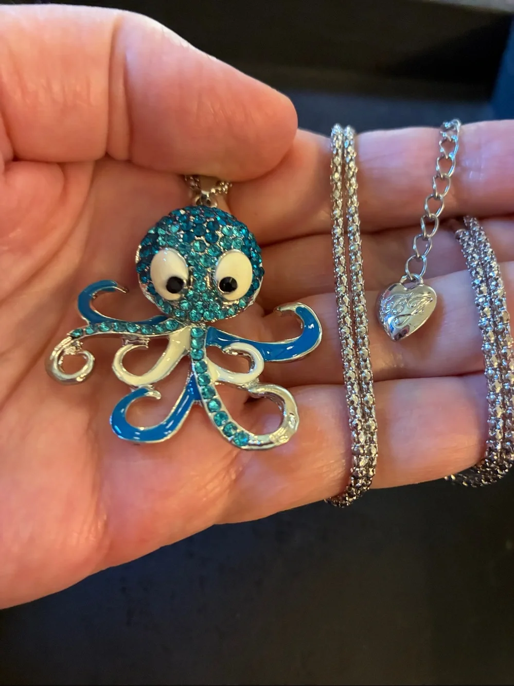 Blue Crystal Octopus Pendant Necklace-movable piece. Head turns left and right.